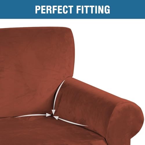 H.VERSAILTEX Stretch Velvet Sofa Covers for 3 Cushion Couch Covers Furniture Protector Soft with Non Slip Elastic Bottom, Crafted from Thick Comfy Rich Velour (Large Sofa 90"-97", Rust) - Image 4