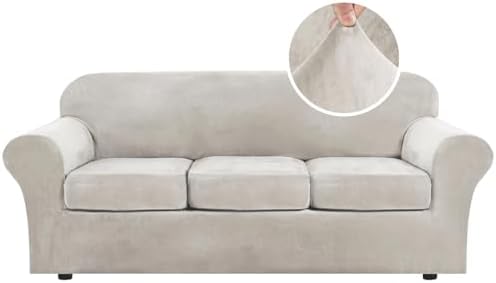 H.VERSAILTEX Modern Velvet Plush 4 Piece High Stretch Sofa Slipcover Sofa Cover Furniture Protector Form Fit Luxury Thick Velvet Sofa Cover for 3 Cushion Couch Width Up to 90 Inch (Sofa, Oatmeal) by HVERSAILTEX