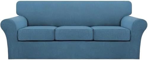 Turquoize 4 Piece Sofa Covers for 3 Cushion Couch Sofa Slipcover Soft Couch Cover for Dogs Washable Furniture Cover with 3 Individual Large Cushion Covers Feature Fabric (Large Sofa, Dusty Blue) by Turquoize