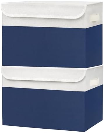 Bagnizer Large 42 Quarts Fabric Storage Bins with Lids [2-Pack] Linen Collapsible Foldable Baskets, Closet Organizer Containers boxes with Handles for Home Office (16.7 x 12 x 12, Navy Blue & White) by Bagnizer