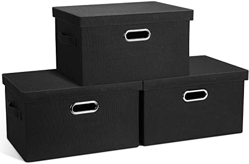 Graciadeco Medium 15" 21 Quart Collapsible Stackable Storage Bins with Lids, 3 Packs Black Foldable Fabric Closet Boxes Heavy-duty Lidded Linen Cube Basket Container Organizer and Storage for Bedroom by GraciadecoStorage