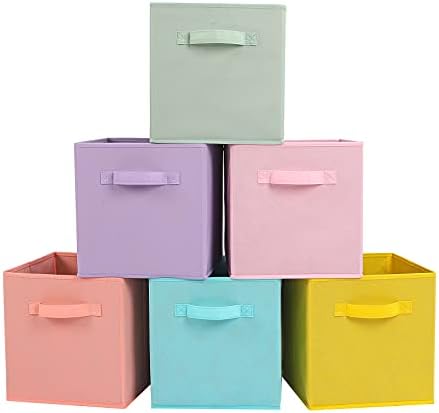Stero Fabric Storage Bins 6 Pack Fun Colored Durable Storage Cubes with Handles Foldable Cube Baskets for Home, Kids Room, Closet and Toys Organization Cyan, Green, Yellow, Purple, Pink and Peachpuff by Stero