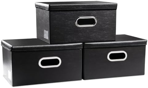 PRANDOM Collapsible Storage Box with Lid [3-Pack] Leather Fabric Foldable Storage Bin Organizer Container Basket Cube with Cover for Home Bedroom Closet Office Nursery Black(13.6x9.6x6.9) by Prandom
