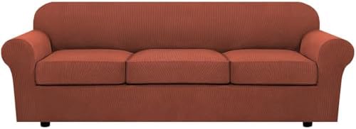 H.VERSAILTEX 4 Piece Stretch Sofa Covers for 3 Cushion Couch Covers for Living Room Furniture Slipcovers (Base Cover Plus 3 Seat Cushion Covers) Thicker Jacquard Fabric (Large Sofa, Rust) by HVERSAILTEX