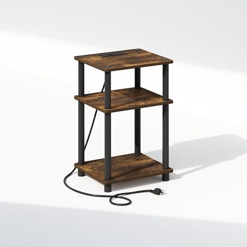 Furinno JUST 3-Tier Night Stand with Charging Station, Amber Pine by Furinno-FitsYourSpaceFitsYourBudget