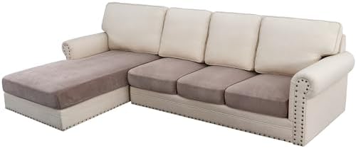 H.VERSAILTEX Velvet Stretch Sectional Couch Covers 4 Pieces Sofa Seat Cushion Covers L Shape Separate Cushion Couch Cover for Both Left/Right Couch (Large Sofa 3 Seater + 1 Chaise, Taupe Striped) by HVERSAILTEX