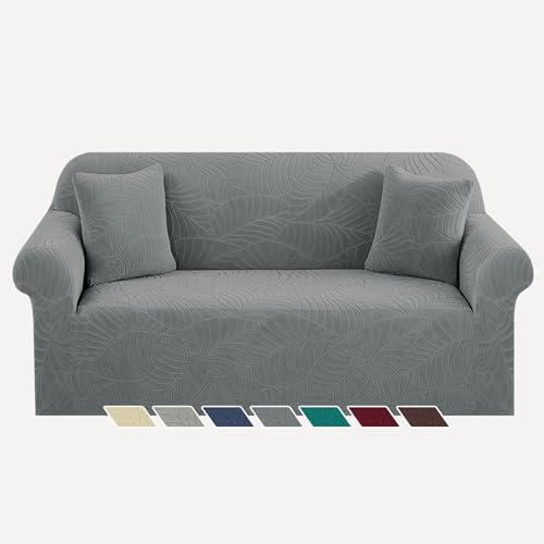 YEMYHOM Couch Cover Latest Jacquard Design High Stretch Sofa Covers for 2 Cushion Couch, Pet Dog Cat Proof Loveseat Slipcover Non Slip Elastic Furniture Protector (Medium, Begonia Leaf Dark Grey) by YEMYHOM