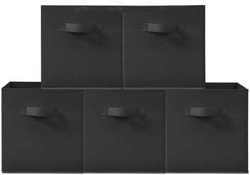 11 Inch Fabric Storage Cubes, Sturdy Foldable Storage Bins, Heavy Duty Cube Organizer for Clothes, Blankets, Shelves, Closets, Bedroom, Living Room, Black, 5 Pack by Unknown