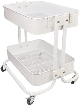 2 Tier Under Desk Storage Cart with Wheels Heavy Duty Metal Short Rolling Pantry Storage Cart for Small Space, Utility Trolley for Kitchen Bathroom Laundry Cute Snack Craft Organizer, White by LIWNYRK