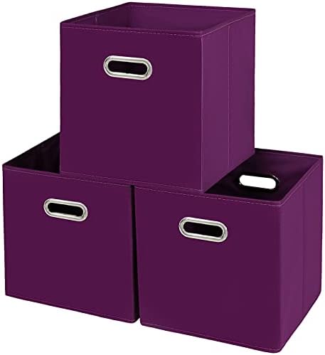 Fabric storage bins Cubes, Fabric Cube Organizer with Handle, Foldable Cube Bins for Cloth or Accessary Storage, 11x11x11, Set of 3, (Purple) by Yunkeeper