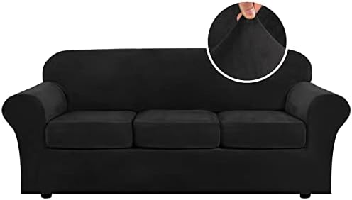 H.VERSAILTEX Modern Velvet Plush 4 Piece High Stretch Sofa Slipcover Sofa Cover Furniture Protector Form Fit Luxury Thick Velvet Sofa Cover for 3 Cushion Couch Width Up to 90 Inch (Sofa,Black) by HVERSAILTEX