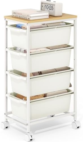 KINGBOARD Slim Rolling Cart with 4 Drawers, Metal Utility Storage Cart | Wooden Tabletop, Lockable Wheels, Table Side Trolley for Bedroom, Children's Room and Office Organization, White by KINGBOARD