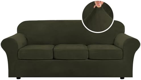 H.VERSAILTEX Modern Velvet Plush 4 Piece High Stretch Sofa Slipcover Sofa Cover Furniture Protector Form Fit Thick Velvet Sofa Cover for 3 Cushion Couch Width Up to 90 Inch (Sofa, Olive) by HVERSAILTEX