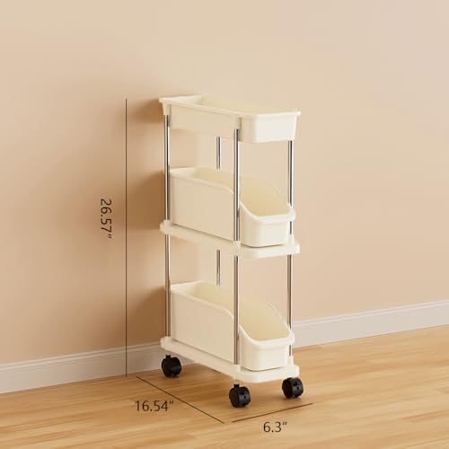 Slim Storage Cart 3 Tier Slim Rolling Utility Cart with Pull-Out Baskets & Wheels for Narrow Space in Kitchen Dining Room Bathroom Laundry Room Cream White (Width 6.3 Inches) - Image 2
