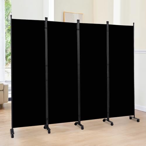 Room Divider 6FT 4 Panel Folding Privacy Screen with Lockable Wheels,Black by JVVMNJLK