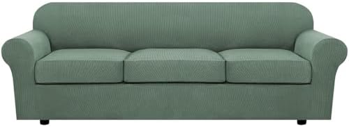 H.VERSAILTEX 4 Piece Stretch Sofa Covers for 3 Cushion Couch Covers for Living Room Furniture Slipcovers (Base Cover Plus 3 Seat Cushion Covers) Thicker Jacquard Fabric (Large Sofa, Loden Frost) by HVERSAILTEX