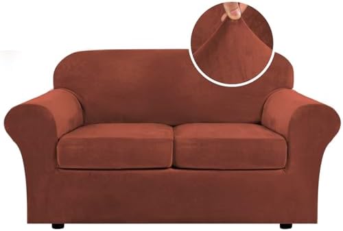 H.VERSAILTEX Real Velvet Plush 3 Piece Stretch Sofa Covers Couch Covers for 2 Cushion Couch Loveseat Covers (Base Cover Plus 2 Individual Cushion Covers) Thick Stay in Place (Medium Sofa, Rust) by HVERSAILTEX