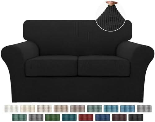 Turquoize 3 Piece Sofa Covers for 2 Cushion Couch Sofa Slipcover Soft Couch Cover for Dogs-Washable Sofa Furniture Covers with 2 Individual Cushion Covers, Feature Jacquard Fabric (Loveseat, Black) by Turquoize