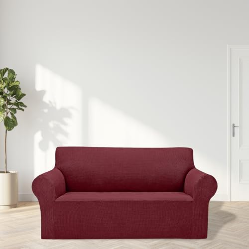 Cupuamon 2026 New Stretch Loveseat Sofa Slipcovers Couch Cover for 2 Cushion Furniture Protector Sofa Covers with Elastic Bottom Jacquard Fabric Small Checks for Pets, Kids - Dark Red - Image 3