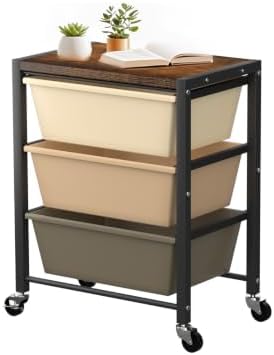 Rolling Cart with 3 Drawers, Plastic Drawer Storage Carts with Lockable Wheels & Wooden Tabletop, Metal Utility Cart Organizer, Office Bedroom Classroom Craft Organization and Storage, Dark Brown by TimeForest
