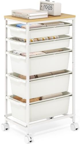 KINGBOARD Slim Rolling Cart with 5 Drawers, Metal Utility Storage Cart | Wooden Tabletop, Lockable Wheels, Table Side Trolley for Bedroom, Children's Room and Office Organization, White by KINGBOARD