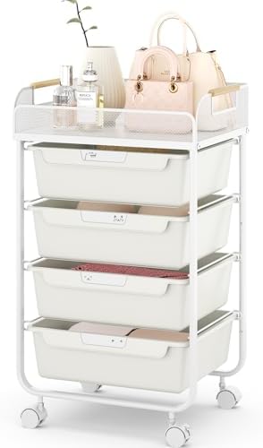 SYKIARIOL 4-Drawer Rolling Storage Cart with Mesh Top,White by SYKIARIOL