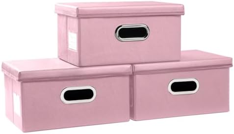 PRANDOM Collapsible Storage Box with Lid [3-Pack] Leather Fabric Foldable Storage Bin Organizer Container Basket Cube with Cover for Home Bedroom Closet Office Nursery Pink(13.6x9.6x6.9) by Prandom