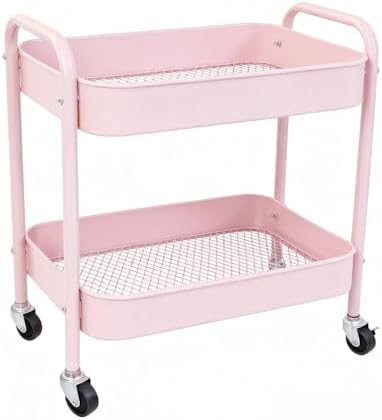 Pink 2 Tier Rolling Cart Metal with Wheels Under Desk Storage Cart for Small Space Organization, Small Trolley for Pantry Room Laundry Bathroom Kitchen Office Art Snack Baby Supplies by Ufriandz