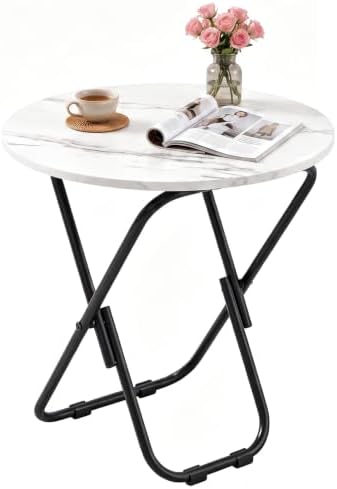 VECELO Patio Outdoor Side Table,17.7 inch Small Folding Table Round Waterproof Wood Table, Foldable Anti-Rust Metal Legs Snack Desk for Garden Balcony,Yard,Living Room by VECELO