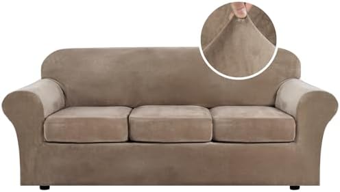 H.VERSAILTEX Modern Velvet Plush 4 Piece High Stretch Sofa Slipcover Strap Sofa Cover Furniture Protector Form Fit Luxury Thick Velvet Sofa Cover for 3 Cushion Couch Width Up to 90 Inch (Sofa, Camel) by HVERSAILTEX