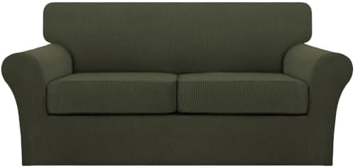 Turquoize 3 Piece Sofa Covers for 2 Cushion Couch Sofa Slipcover Soft Couch Cover for Dogs-Washable Sofa Furniture Cover with 2 Individual Cushion Covers, Feature Fabric (2 Cushion Sofa, Olive) by Turquoize