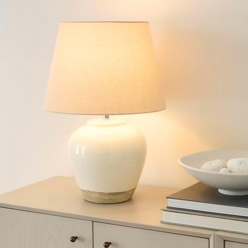 Nourison Home 20" Two-Tone White and Tan Glossy Ceramic Table Lamp, Bedside Nightstand Lamp with Warm Beige Shade for Bedroom, Living Room, Entryway - Image 3