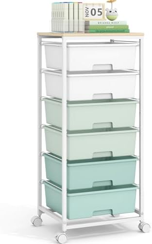6 Drawer Rolling Storage Cart with Wooden Top and Wheels for Crafts,Green by APEXCHASER