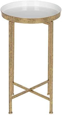 Kate and Laurel Celia Round Metal Foldable Tray Accent Table, White with Gold Base - Image 4