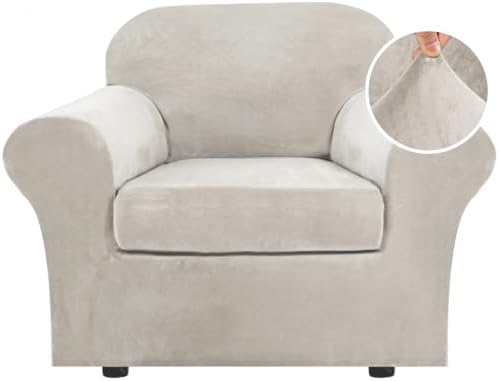 H.VERSAILTEX Rich Polyester Spandex Blend 2 Piece Cover Chair Slipcover Sofa Cover Furniture Protector Couch Soft with Elastic Bottom Chair Couch Cover with Arms Width Up to 49 Inch(Chair, Oatmeal) by HVERSAILTEX