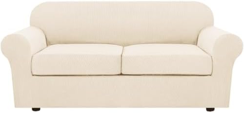 H.VERSAILTEX 3 Piece Stretch Sofa Covers for 2 Cushion Sofa Couch Covers for Living Room Furniture(Base Cover Plus 2 Seat Cushion Covers) Thicker Jacquard Fabric (Large Sofa, Cream) by HVERSAILTEX