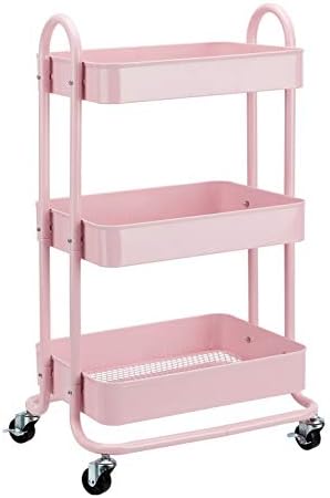 Amazon Basics 3-Tier Rolling Utility or Kitchen Cart, Lockable Wheels, Multifunctional Storage, Metal Storage Organizer, Portable, Dusty Pink by AmazonBasics