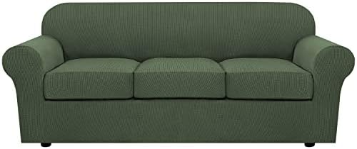 H.VERSAILTEX 4 Piece Stretch Sofa Covers for 3 Cushion Couch Covers for Living Room Furniture Slipcovers (Base Cover Plus 3 Seat Cushion Covers) Upgraded Thicker Jacquard Fabric (Sofa, Bronze Green) by HVERSAILTEX