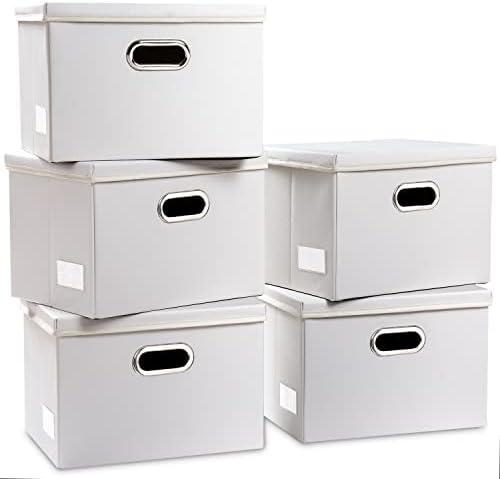 PRANDOM Foldable Storage Bins with Lids [5-Pack] Leather Fabric Collapsible Storage Boxes Organizer Containers Baskets Cube with Cover for Bedroom Closet Office Nursery White (14.9x10.8x10) by Prandom