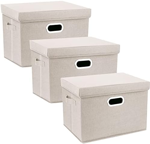 TYEERS Large Storage Bins with Lids, Collapsible, Washable, Fabric Storage Boxes for Organizing, 17.3x11.8x11.4 inches, 3 Pack, Beige by StorageOrganization