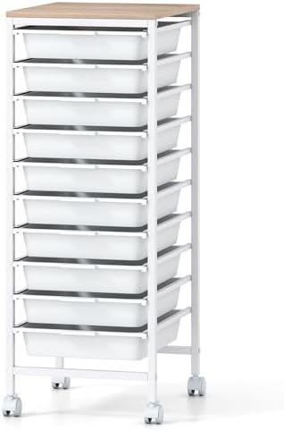 Giantex Rolling Storage Cart with 10 Drawers, Utility Cart w/Wooden Tabletop, Lockable Wheels, Multipurpose Organizer for Art Craft Books Paper, Drawer Carts for Dorm Classroom Office, White by Giantex