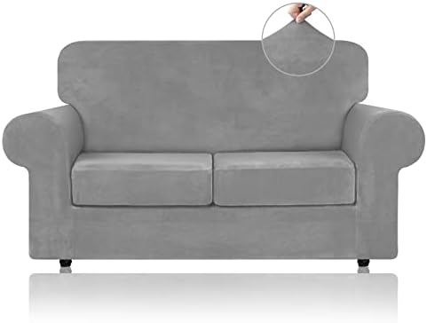 WEERRW Velvet Stretch 3 Pieces Couch Cover for Sofa Washable, Silver Grey by WEERRW