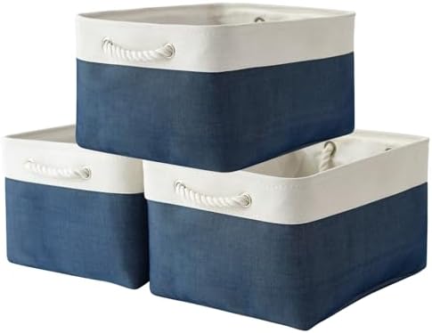 TheWarmHome Collapsible Storage Bin for Shelves - Large 3 Pack 16x12x8 inch Storage Basket for Organizing with Handles, Canves Storage Box for Organizer Toy Closet Cloth Gift (White & Jean Blue) by TheWarmHome