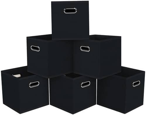 Black Foldable Storage Cubes Bins, Fabric Storage Box Cubes Organizer Baskets with Dual Handles for Home Organizer,Set of 6,(Black) by HEAYEEG