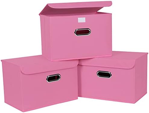 Linen Fabric Foldable Collapsible Storage Cube Bin Organizer Basket Fabric Storage Bins with Lid, Leather Handles, Removable Divider for Home, Closet, Pink 3Pcs by SEVENDOME
