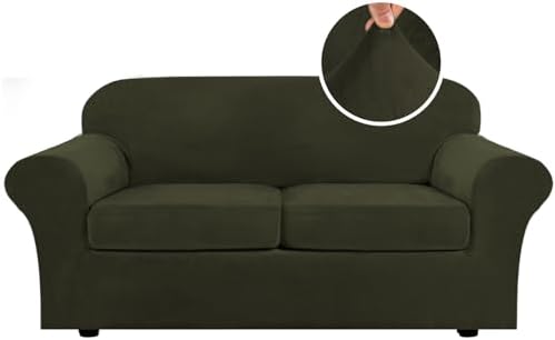 H.VERSAILTEX Real Velvet Plush 3 Piece Stretch Sofa Covers Couch Covers for 2 Cushion Couch Sofa Slipcovers Width Up to 90 Inch Feature Thick Soft Stay in Place (Sofa, Olive) by HVERSAILTEX