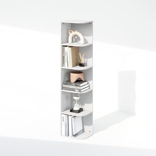 Furinno Reed Corner Shelf, 5-Tier Corner Bookshelf, Book Shelf, Corner Shelves, Storage Rack, for Organization and Storage, Home Office, Living Room, White - Image 5