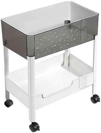 2 Tier Rolling Cart with Wheels for Under Desk Storage, Heavy Duty Plastic Short Small Utility Cart for Small Space Bathroom Vanity Makeup Organizer Pantry, 4.7'' Deep Baskets for Tall Bottles by LIWNYRK