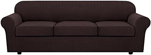 H.VERSAILTEX 4 Piece Stretch Sofa Covers for 3 Cushion Couch Covers for Living Room Furniture Slipcovers (Base Cover Plus 3 Seat Cushion Covers) Upgraded Thicker Jacquard Fabric (XL Sofa, Chocolate) by HVERSAILTEX