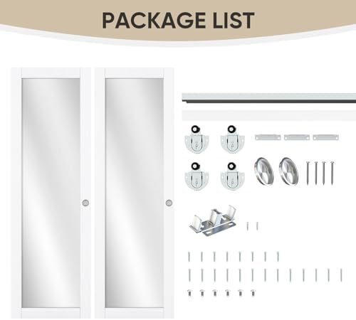JUBEST 72" x 80" Mirror Closet Door, Preassembled One Side Mirror Door with Hardware Kit & Matching Fascia, Solid Wood Frame with Water-Proof PVC Surface, Easy to Install, White - Image 2